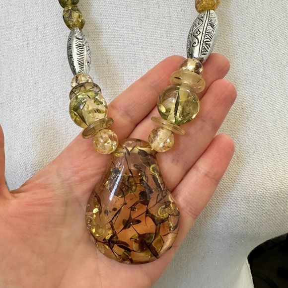 Chunky Vintage Confetti Lucite Faux Amber Graduated Bead Necklace 15" Retro MCM - Picture 10 of 14